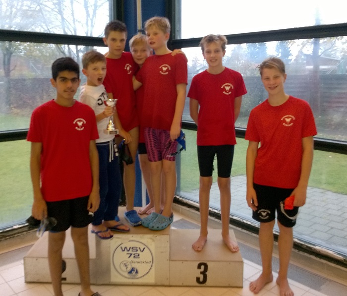 Gruppe von männlichen SchwimmerInnen auf dem Treppchen