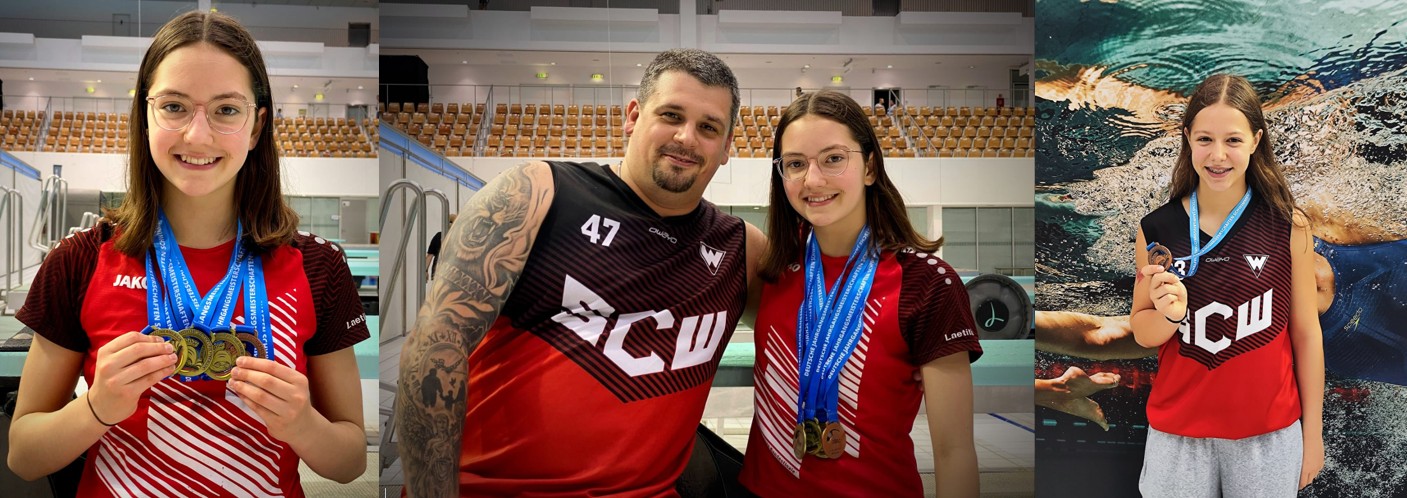 Schwimmerinnen und Trainer mit Medaillien